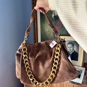 T.J.Maxx Brown Suede Shoulder Bag with Gold Chain